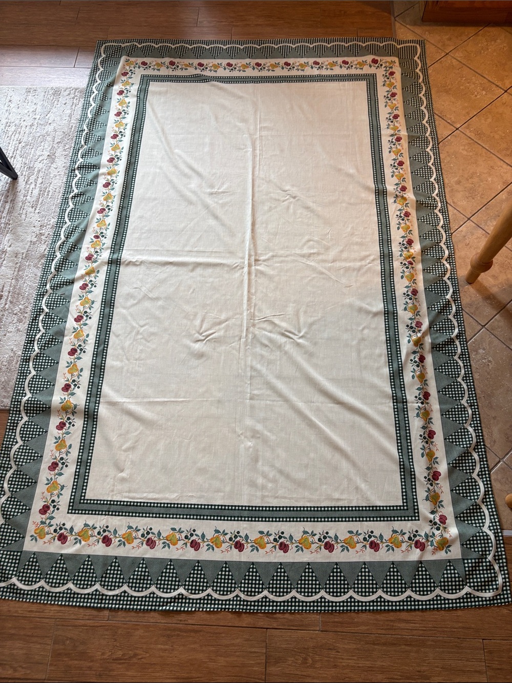 Cream Floral Border Table Linen with Green Trim by